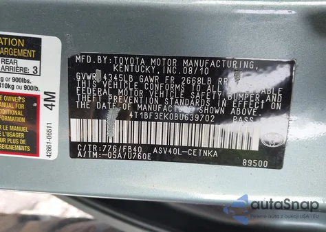 2011 Toyota Camry Le z USA, uszkodzony, nr VIN 4T1BF3EK0BU639702